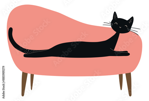 Cute illustration of a black cat on a pink sofa depicting relaxation for pet lovers