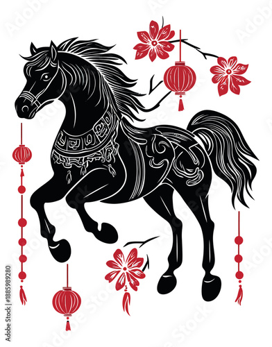 Chinese style graphic illustration of a horse depicting it prancing amidst traditional lanterns and cherry blossoms for new year celebrations