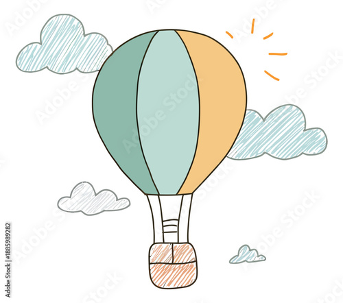 Hand drawn illustration of a hot air balloon depicting flight with clouds and sun for dreamy designs