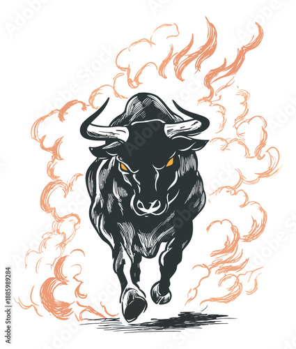 Hand drawn illustration of a powerful bull depicting an aggressive charge for financial and strength themes