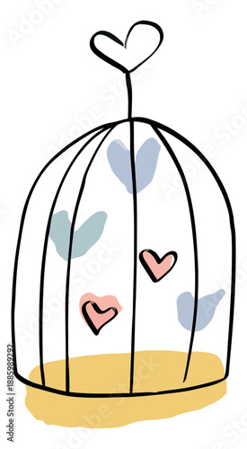Hand drawn line art illustration of a birdcage depicting hearts inside for love and romance