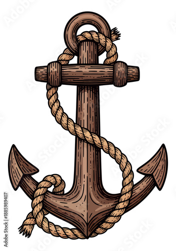 Hand drawn illustration of a classic anchor depicting a rope wound around it for nautical themes