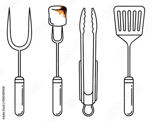 Line art barbecue utensils set featuring roasting forks, tongs, and a spatula with a toasted marshmallow for outdoor grilling and camping