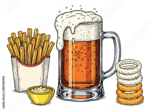 Hand drawn vintage pub food and drink set featuring a beer mug, french fries, dip, and onion rings for a bar menu