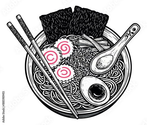 Hand drawn line art illustration of a ramen bowl depicting Japanese noodles and classic toppings for culinary design