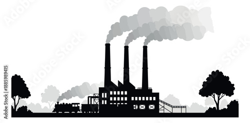 Graphic silhouette illustration of an industrial factory depicting smoke emission for environmental awareness