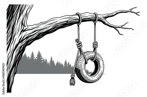 Hand drawn line art illustration of a tire swing depicting it hanging from a tree branch for childhood play