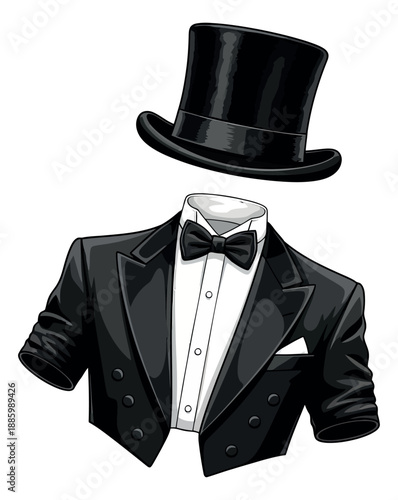 Cartoon formal wear set featuring a top hat and tuxedo for elegant events