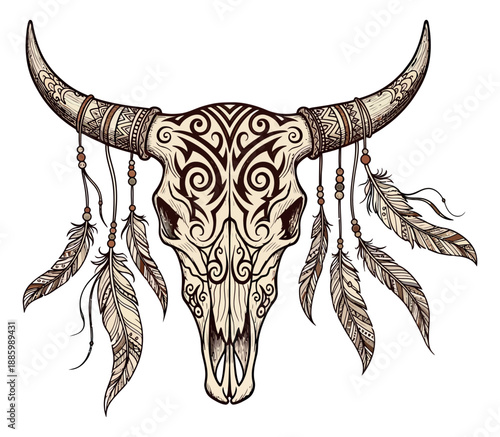 Hand drawn illustration of a bull skull depicting tribal patterns and feathers for bohemian design