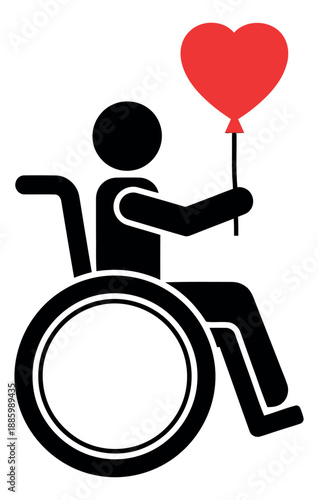 Simple graphic illustration of a person in a wheelchair depicting holding a heart balloon for love and support