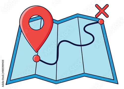 Simple line art illustration of a folded map depicting a travel route and a location pin for navigation and journey planning