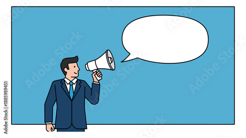 Cartoon illustration of a businessman depicting speaking into a megaphone with a speech bubble for marketing communication
