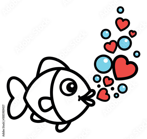 Hand drawn line art illustration of a fish depicting blowing hearts and bubbles for love and romance