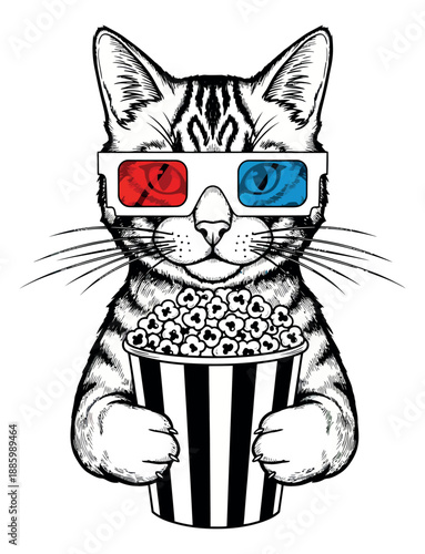 Hand drawn line art illustration of a cat wearing 3d glasses and holding popcorn for cinema entertainment