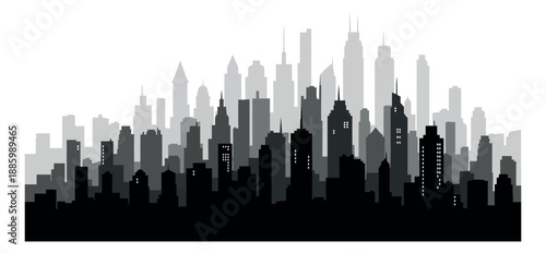 Silhouette illustration of a city skyline depicting a panoramic urban landscape for urban themes