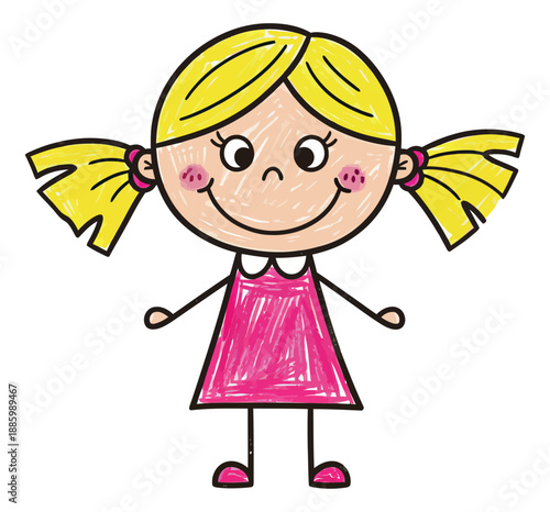 Hand drawn illustration of a smiling girl depicting happiness for children's designs