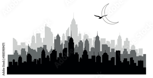 Modern illustration of a city skyline depicting a night scene with a crescent moon and flying bird for urban environments