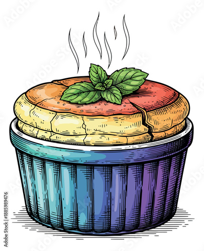 Hand drawn illustration of a hot souffle depicting it steaming with mint garnish in a ramekin for culinary themes