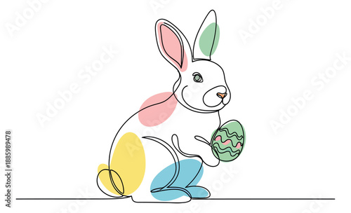 Continuous line art illustration of an easter bunny depicting holding a decorated egg for easter spring celebration