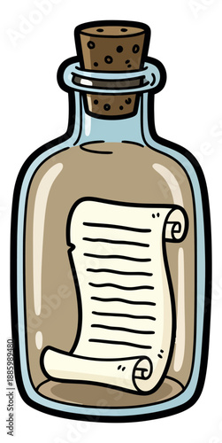 Hand drawn cartoon illustration of a message in a bottle depicting a rolled scroll for secret communication