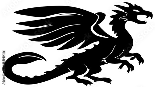A stylized illustration of a black winged dragon with open mouth, detailed on white background