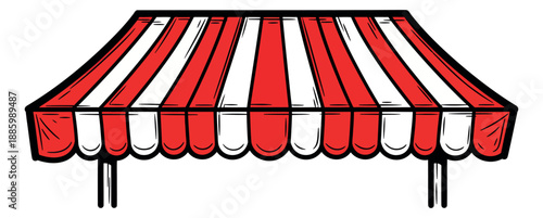 Hand drawn line art illustration of a red and white striped awning depicting an outdoor market stall for sales and events