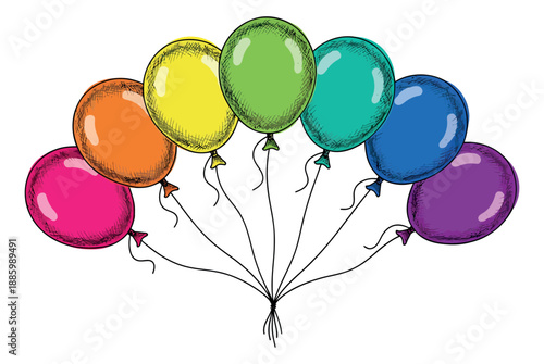 Hand drawn line art balloon set featuring vibrant colors and festive strings for party decorations