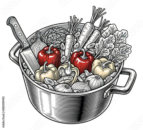 Engraving style vegetable cooking set featuring a pot brimming with fresh produce and a knife for recipe preparation