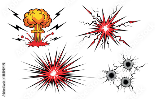Comic book style impact effects set featuring a mushroom cloud explosion, starbursts, and bullet holes for action graphic design