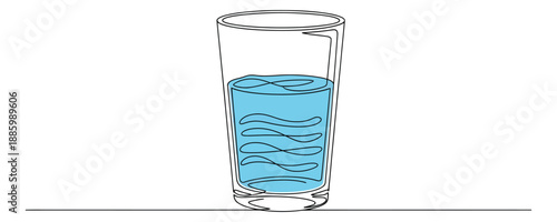 Continuous line art illustration of a glass of water depicting a refreshing drink for health and wellness themes