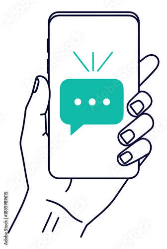 Hand drawn line art illustration of a hand holding a smartphone depicting a message notification for digital communication