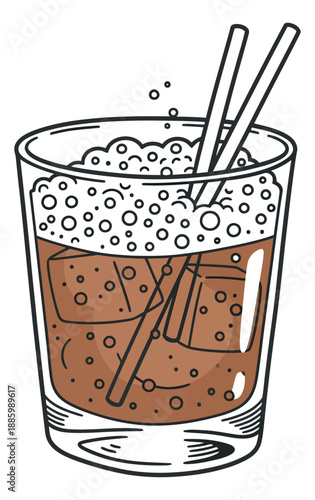 Hand drawn line art illustration of a glass of soda depicting a refreshing beverage with ice, straws, and bubbles for summer drinks