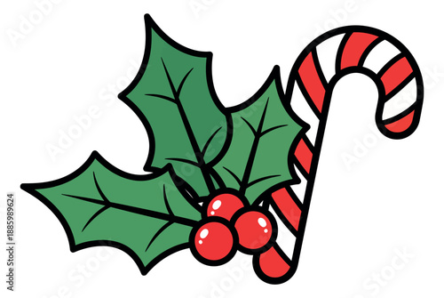 Cute hand drawn line art illustration of holly and a candy cane depicting traditional christmas decorations for festive season designs