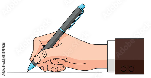 Line art colored illustration of a hand holding a pen depicting writing for business and education