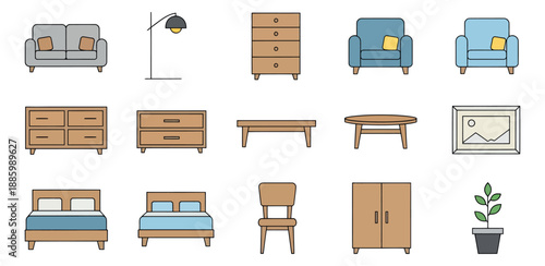Modern line art home furniture and decor set featuring various household furnishings and decorative items for interior design and domestic living