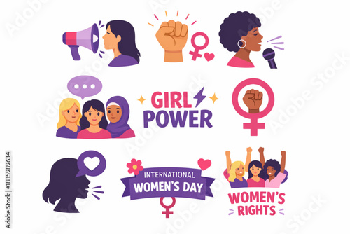 International Women’s Day women voices expression icon set