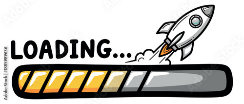 Hand drawn cartoon illustration of a loading bar and rocket depicting quick progress for web and app development