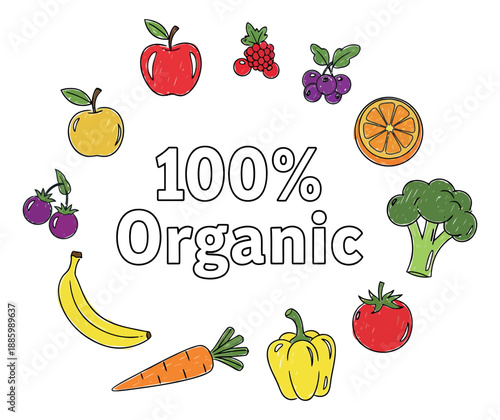 Hand drawn line art organic produce set featuring various fruits and vegetables with a 100% organic text label for healthy eating concepts