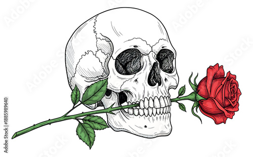 Hand drawn illustration of a human skull depicting a red rose in its mouth for gothic romance