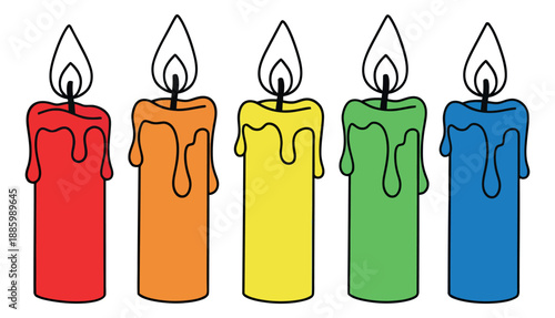 Hand drawn colorful candle set featuring lit flames and dripping wax for celebration