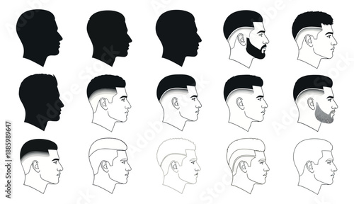 Line art and silhouette male hairstyles set featuring modern fades and beards for men's grooming and avatars