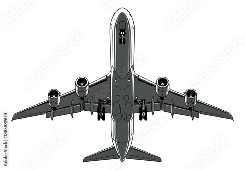 Graphic illustration of a jet airplane depicting a top view with landing gear down for air travel
