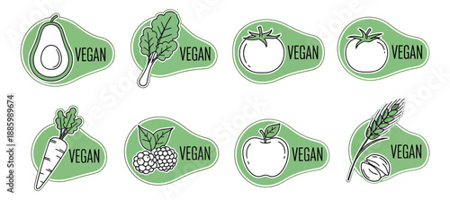 Hand drawn line art vegan food label set featuring various plant-based ingredients for healthy eating and product promotion