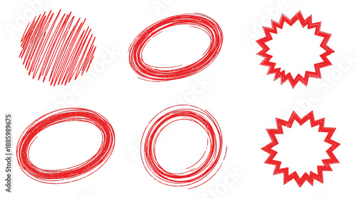 Hand drawn distressed highlight shapes set featuring various sketchy circles, ovals, and starbursts for attention and emphasis