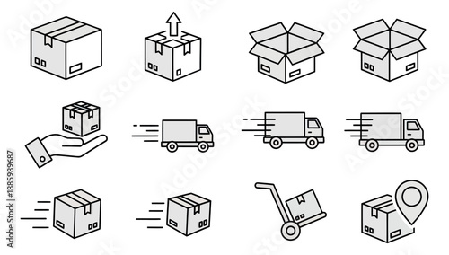 Modern line art delivery and shipping icons set featuring various boxes, delivery trucks, and logistics symbols for e-commerce and global logistics applications