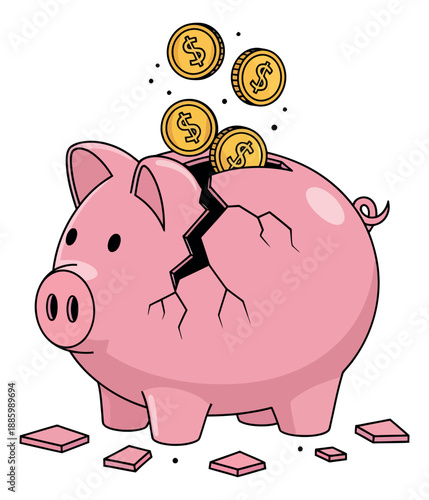 Hand drawn line art illustration of a cracked piggy bank depicting coins falling into it for financial difficulties