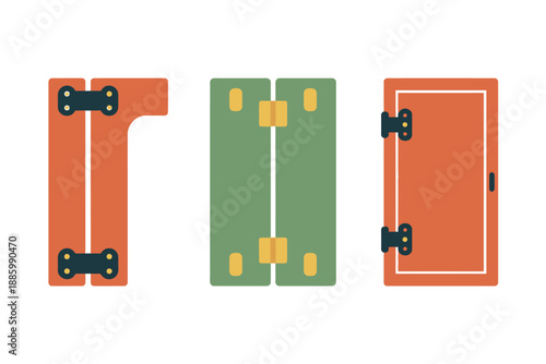 Colorful illustration of three door panels with hinges and handles in orange, green, and yellow