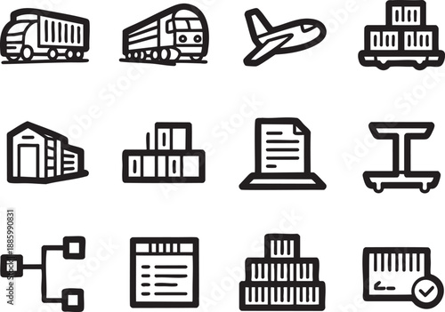 Collection of black and white representing logistics and transportation truck train airplane cargo