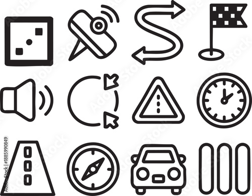 Collection of black and white representing navigation travel and communication symbols