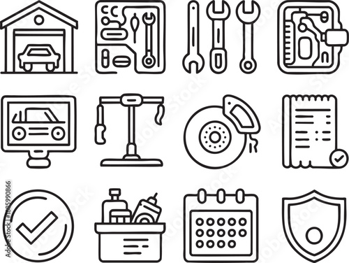 Collection of black line representing car maintenance and services car garage tools toolbox wrenches
